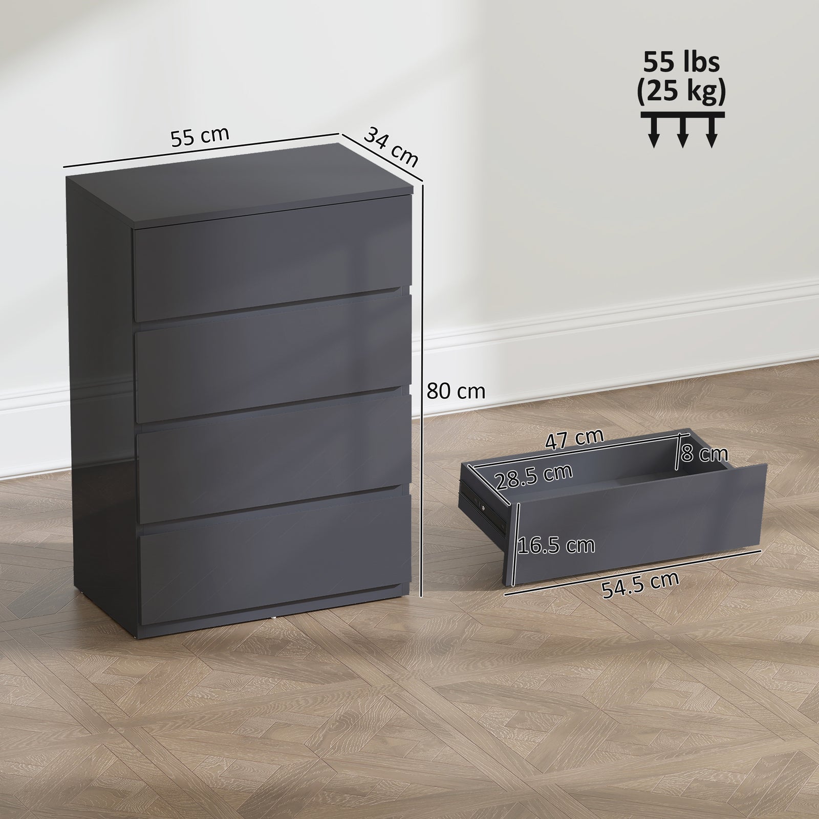 High Gloss Chest of Drawers, 4-Drawer Storage Cabinets, Modern Dresser