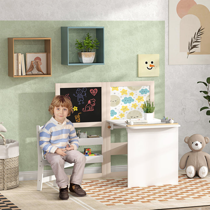 MCL 3 in 1 Kids Table and Chair Set with Storage, Whiteboard, Blackboard & Roll Paper for 3-8 Years, White