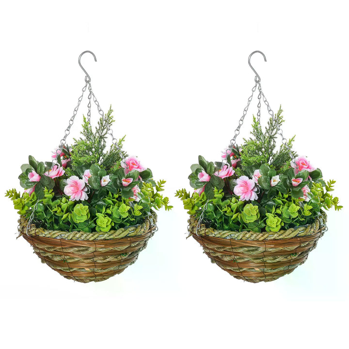 Outsunny Set of 2 Artificial Plant Lisianthus Flowers Hanging Planter with Basket for Indoor Outdoor Decoration | Aosom UK