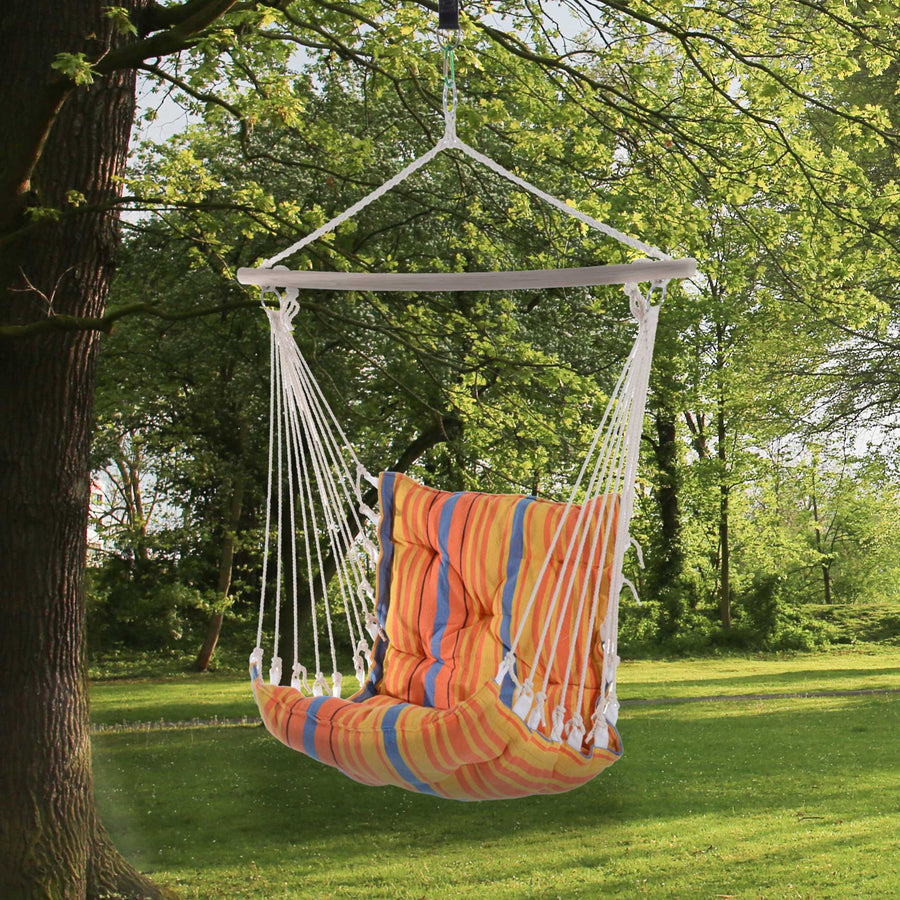 Outdoor Hanging Rope Chair with Soft Padded Seat & Backrest, Garden Hammock Chair with Wooden Support Bar Cotton Cloth, Portable Garden Chair for Patio & Tree, Orange