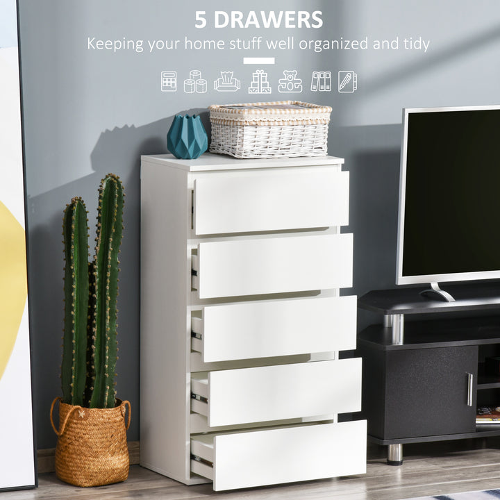 HOMCOM Chest of Drawers: 5 Drawer Storage Cabinet, Freestanding Tower Unit, Bedroom & Lounge, Pristine White