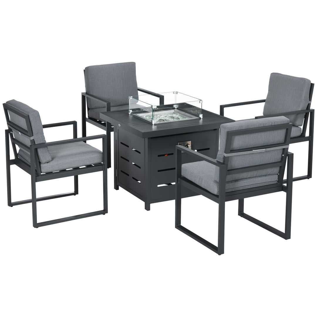 5-Piece Aluminium Garden Furniture Sets, 4 Seater Outdoor Conversational Dining Set with Gas Fire Pit Table Cushions for Yard, Poolside, Patio, Grey