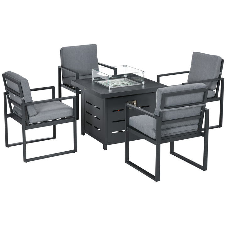 5-Piece Aluminium Garden Furniture Sets, 4 Seater Outdoor Conversational Dining Set with Gas Fire Pit Table Cushions for Yard, Poolside, Patio, Grey