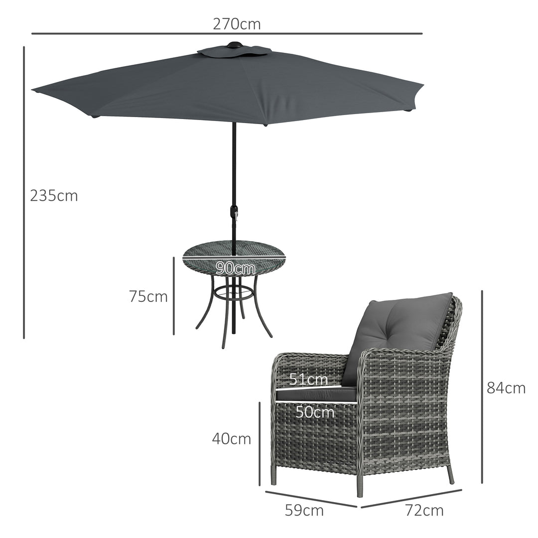 4 Seater Rattan Dining Set with Parasol & Cushions - Mixed Grey
