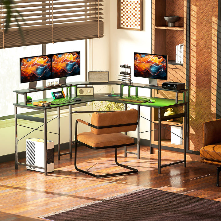 L' Shaped Work Desk, with LED Lights - Black