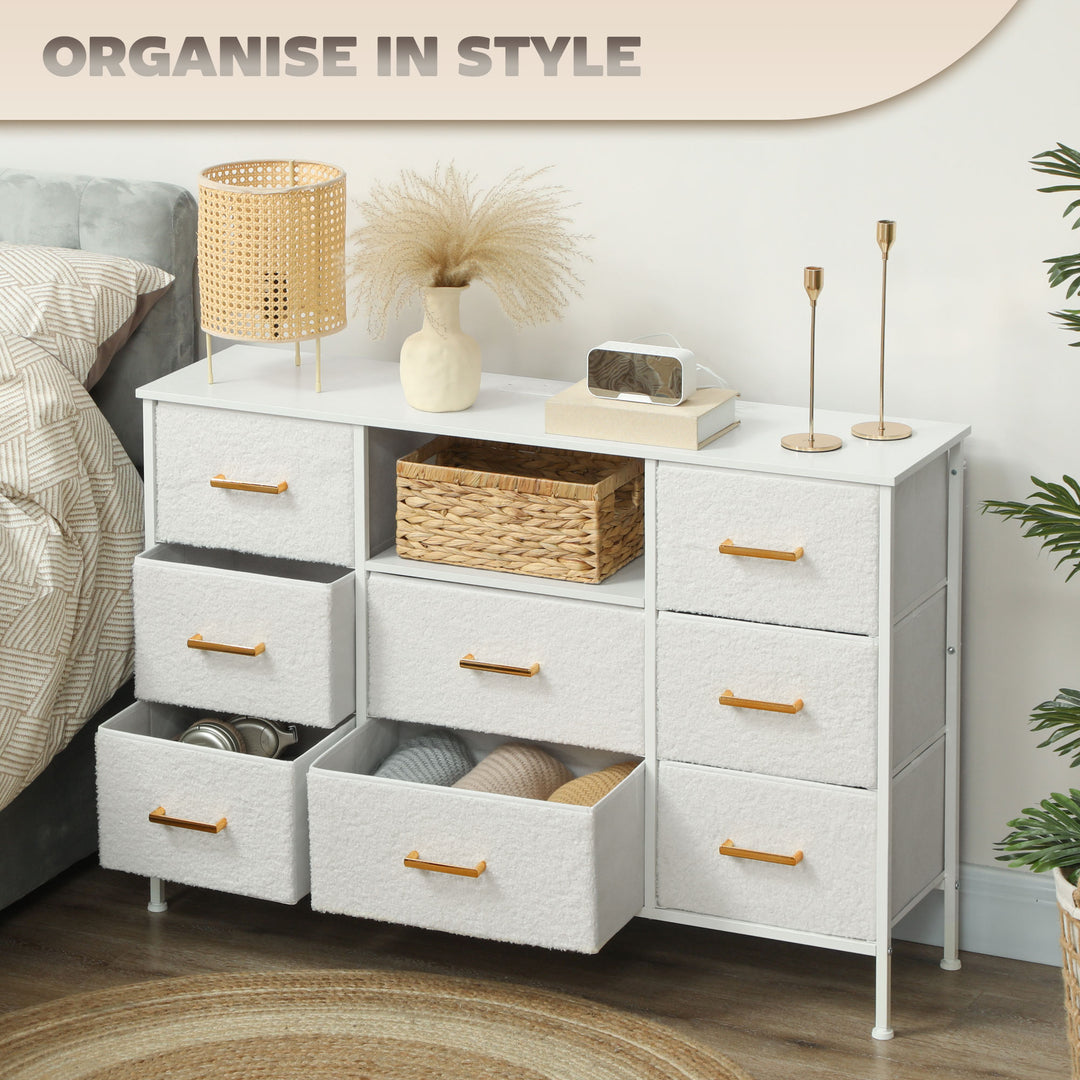 Boucle Chest of Drawers, 8 Fabric Drawers Storage Organiser with Charging Station, 2 USB and 2 AC Ports, Steel Frame, Fabric Dresser for Living Room, Bedroom, Hallway, Cream White