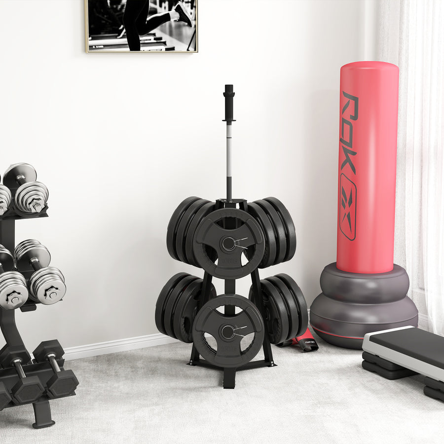 SPORTNOW Weight Tree Weight Rack for 5cm Weight Plates and Barbell Bar with 6 Fasten Clamps, 300kg Capacity