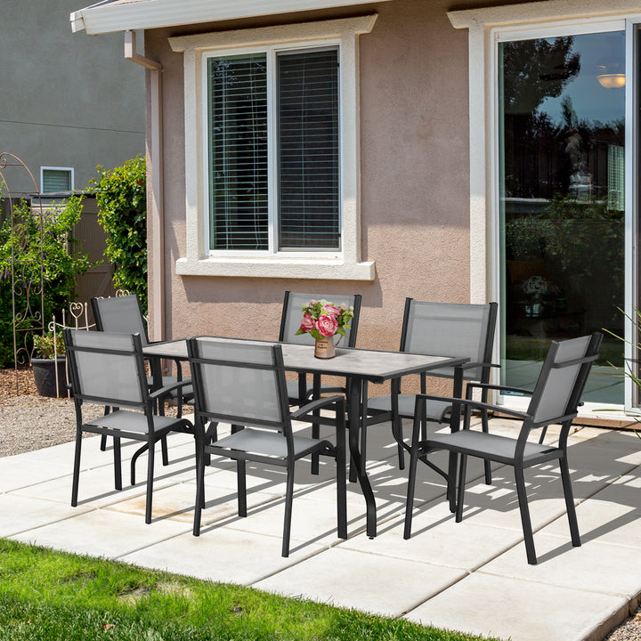 Outsunny 7 Pieces Garden Dining Set, 6 Seater Garden Table and Chairs with Parasol Hole, Outdoor Furniture Armchairs and Stone-like Plastic Top Table with Breathable Mesh Fabric Seat, Grey