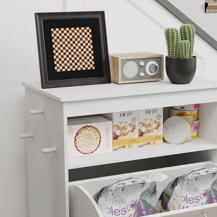 MCL Pet Feeder Station, Dog, Cat Storage Container, with Raised Bowls, Hanger, Cabinet - White