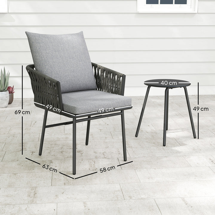 3-Piece Rattan Bistro Set, Garden Table and Chairs with 4 Cushions, Patio Rattan Conversation Furniture Set for Balcony, Porch, Terrace, Grey