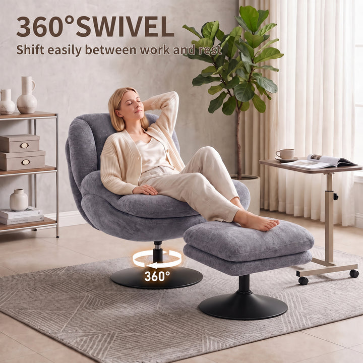 Modern Chenille Lazy Chair with Ottoman, 360° Swivel, Upholstered - view 5