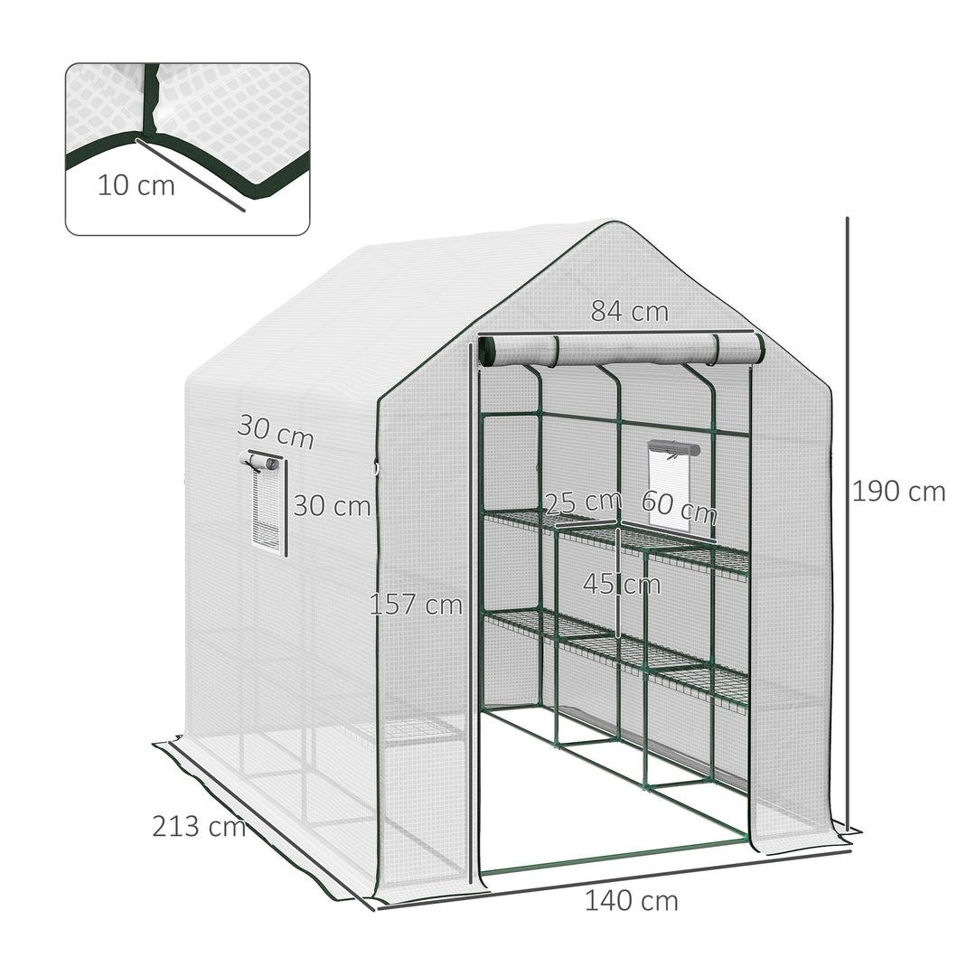 Walk-in Greenhouse with 3 Tier 12 Shelves, Small Greenhouse with Reinforced PE Cover, Garden Plant Growhouse with Roll-up Door and Three Mesh Windows, 140 x 213 x 190 cm, White