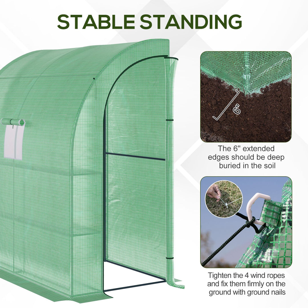 Walk-In Lean to Wall Greenhouse with Windows and Doors, Outdoor Green House with 3 Tiers 4 Wired Shelves, 200L x 100W x 215Hcm, Green