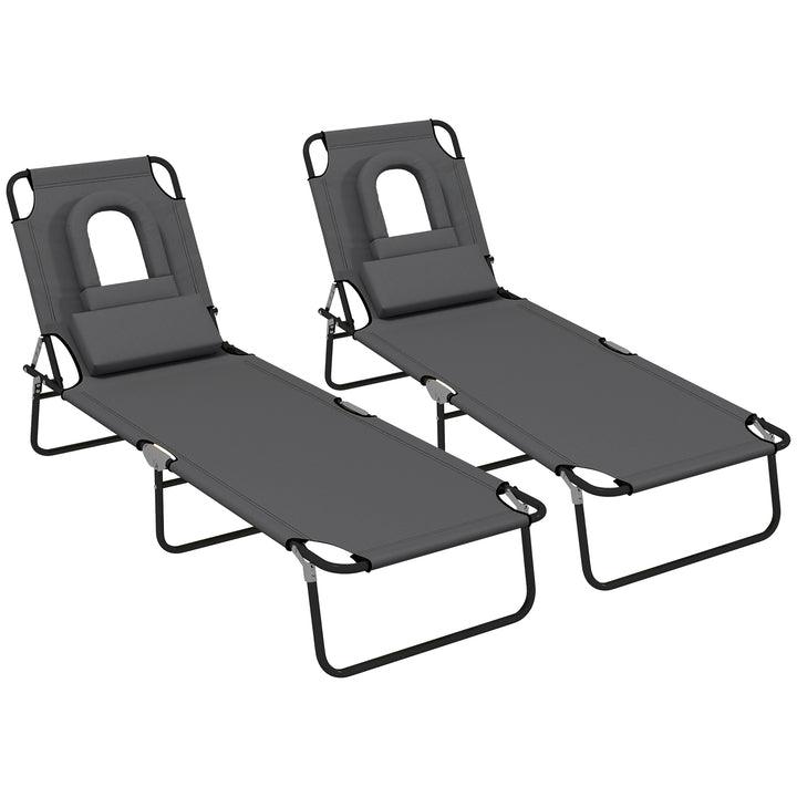 Outdoor Folding Sun Lounger Set of 2 with Face Hole, 4 Level Adjustable Backrest Reclining Garden Lounger, Garden Recliner Sunbed with 600 D Oxford Cloth Seat and Pillow for Beach, Dark Grey