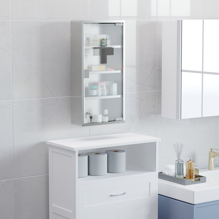 4 Tier Stainless Steel Wall Mounted Medicine Cabinet Glass Lockable Door Storage Shelves Houseware Bathroom Furniture 60Hx30Wx12D(cm) w/2 Keys