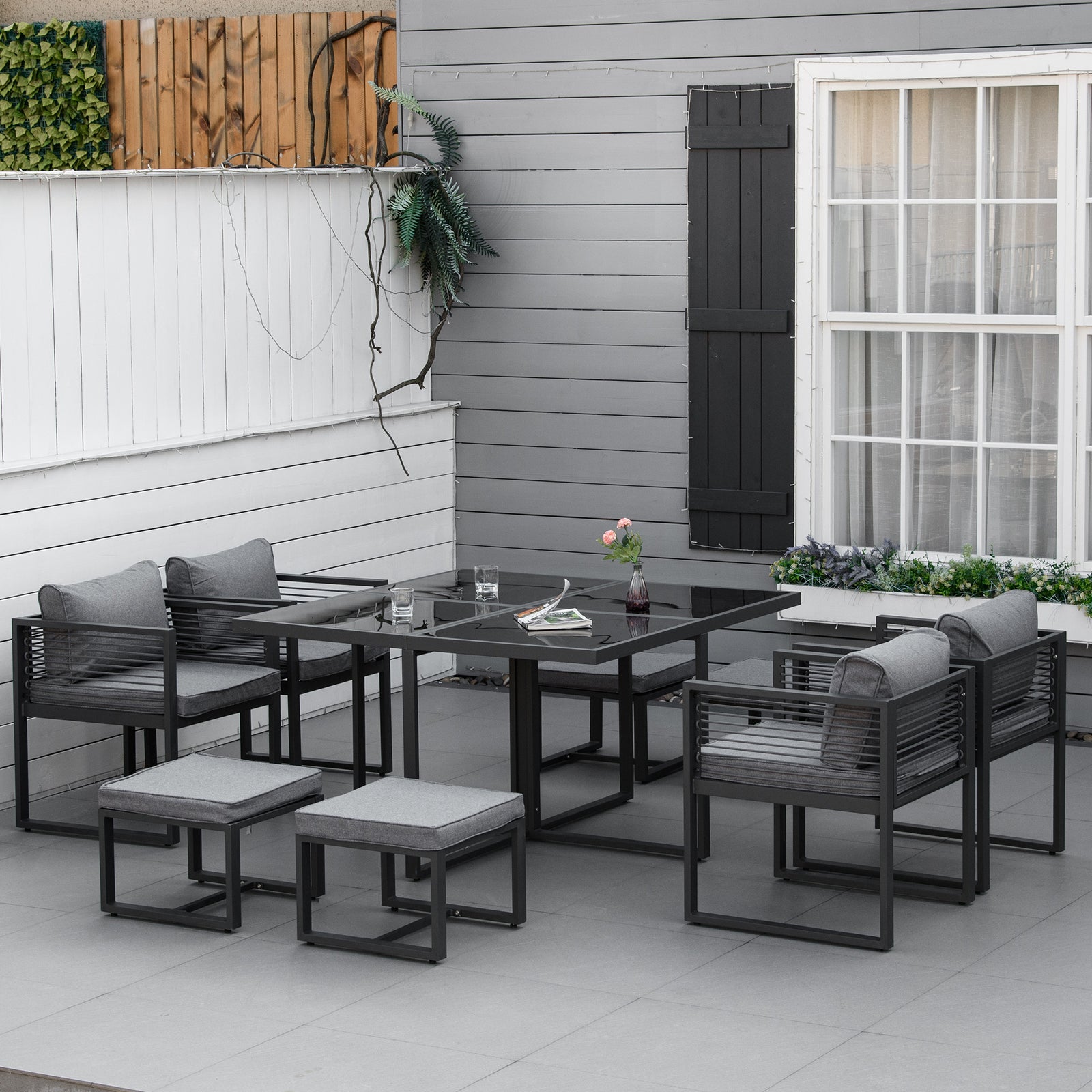 Nine-Piece Aluminium Garden Set, with Glass-Top Table - Grey