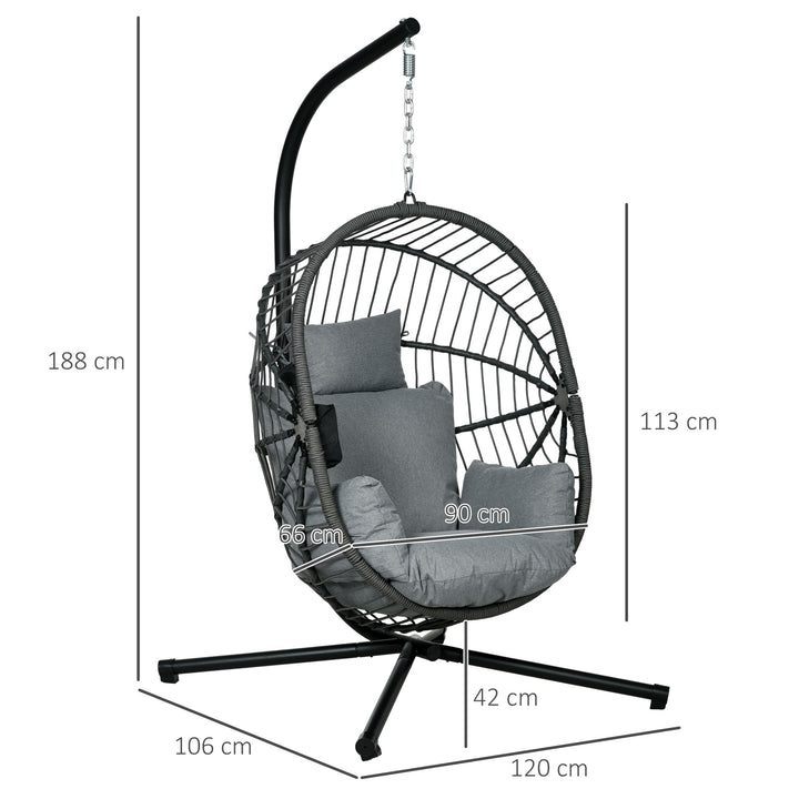 Outsunny Outdoor Swing Chair with Thick Padded Cushion, Patio Hanging Chair with Metal Stand, Foldable Basket, Cup Holder, Rope Structure