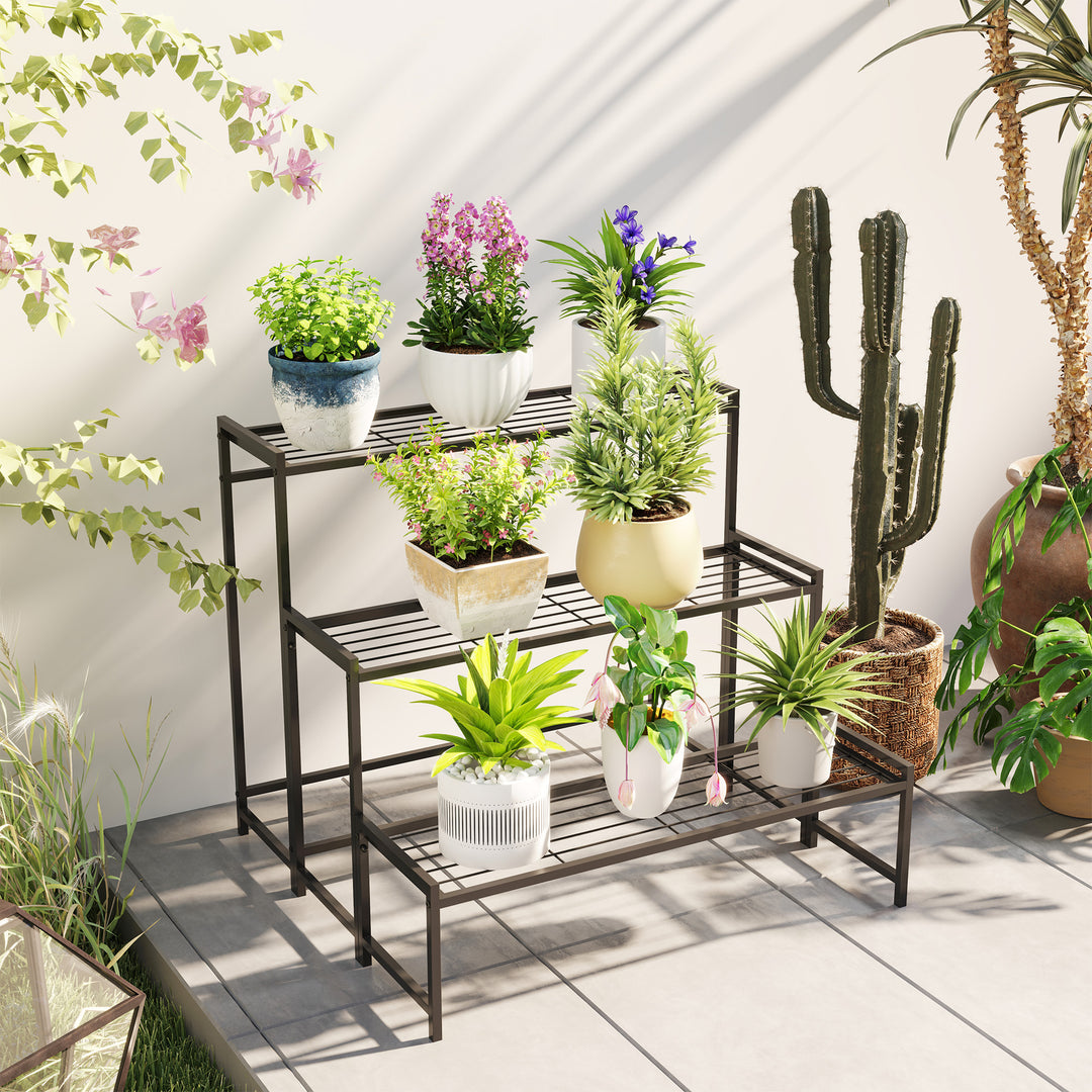 Outsunny Three-Tier Metal Plant Shelf - Black