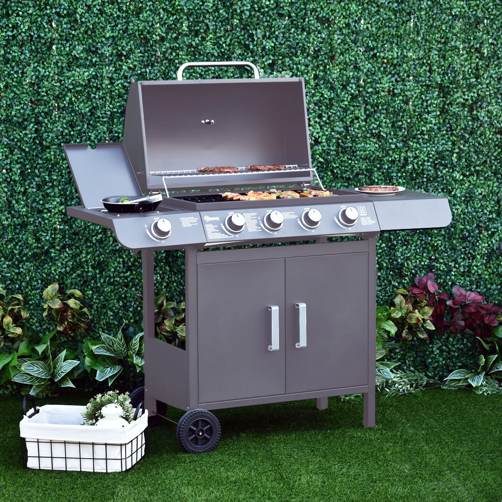 4+1 Burner Gas BBQ Grill, Outdoor Barbecue Trolley with Wheels, Warmin