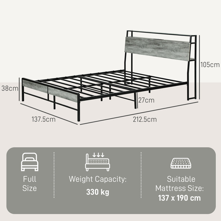 Double Steel Bed Frame, with LED Lights and Headboard Shelf - Grey