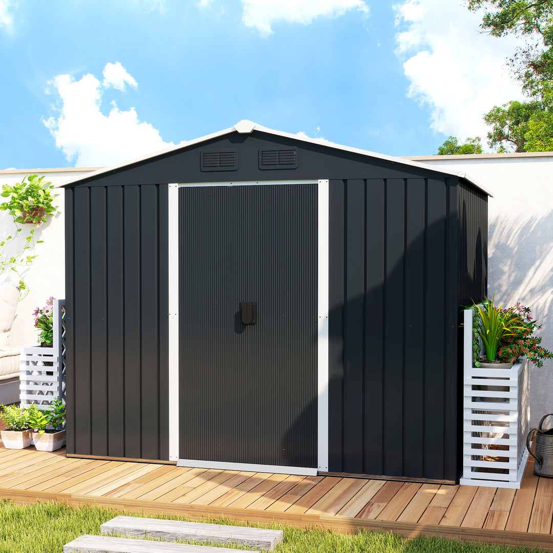 MCL 7.7 x 5.7ft Metal Garden Shed, Galvanised Outdoor Tool Storage House with Ventilation Slots and Sliding Doors, Grey