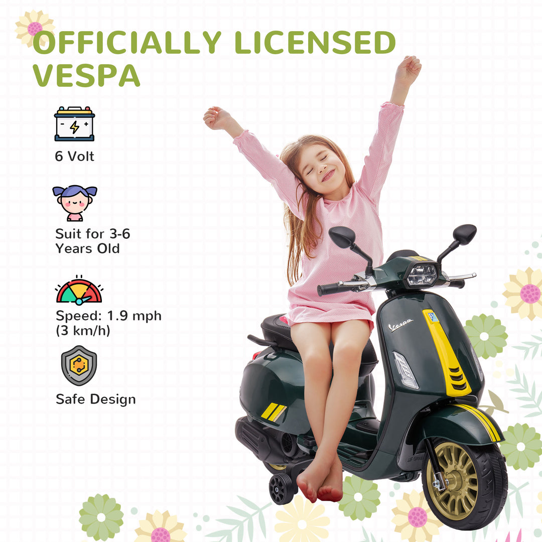 AIYAPLAY 12V Vespa Licensed Kids Electric Motorbike w/ Music, Headlights, FM Radio, for 3-6 Years - Green