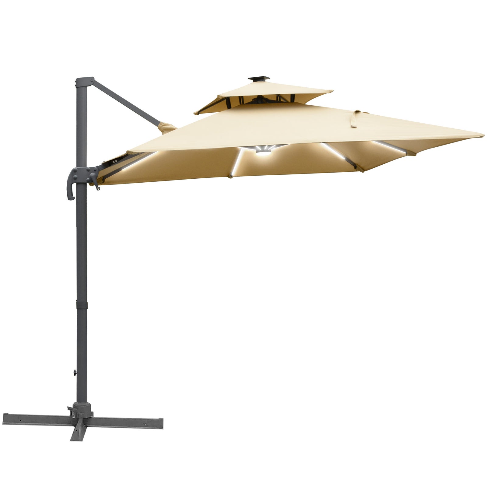 3m Cantilever Parasol, Outdoor Offset Patio Umbrella, Solar LED Lighted Hanging Sun Shade Canopy with Tilt and Crank Handle, Cross Base for Lawn, Khaki