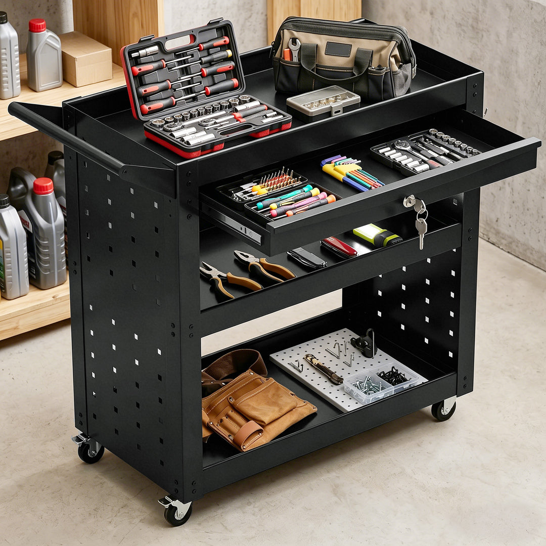 Tool Cart with Lockable Wheels, Rolling Workshop Cart with 3-Tier Tray
