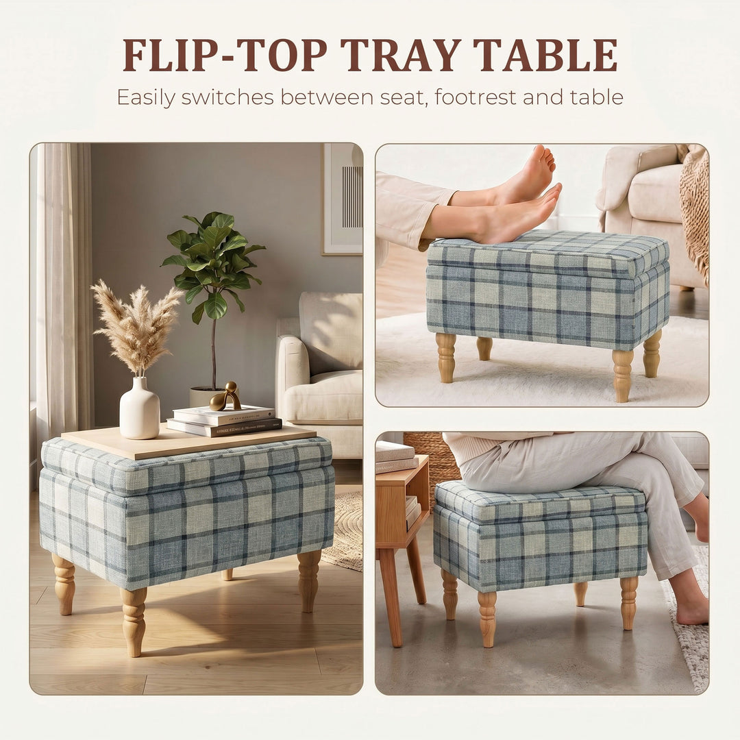 Linen Fabric Upholstered Footstool, Rectangular Storage Stool with Rem