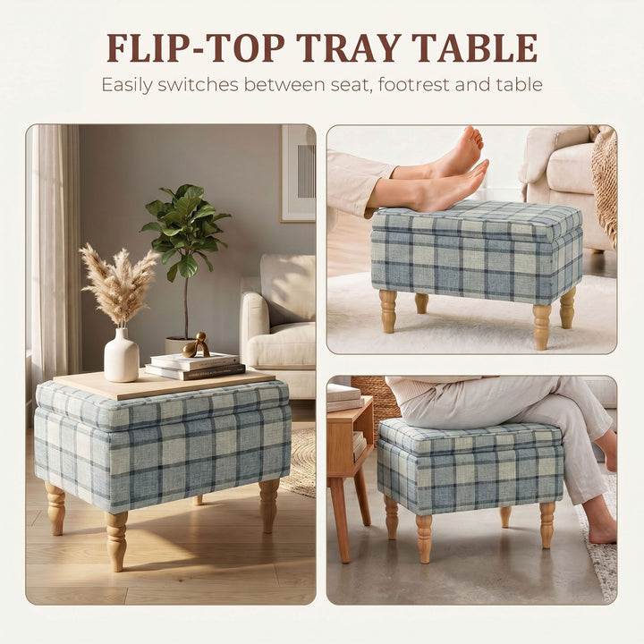 Linen Fabric Upholstered Footstool, Rectangular Storage Stool with Rem
