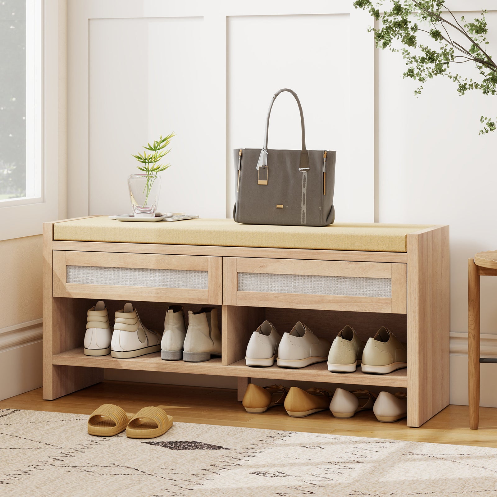 Boho Shoe Bench with 2 Rattan Drawers, Shoe Storage Bench with Cushion