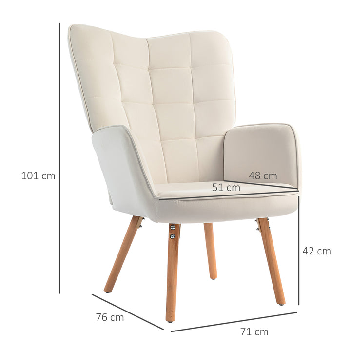 HOMCOM Modern Accent Chair Velvet-Touch Tufted Wingback Armchair Upholstered Leisure Lounge Sofa Club Chair with Wood Legs, Cream White