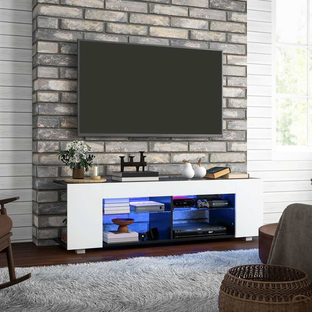 HOMCOM TV Stand, 145cm Modern TV Unit with Glass Shelves, RGB LED Light for 32 40 43 50 52 55 60 inch 4k TV, White