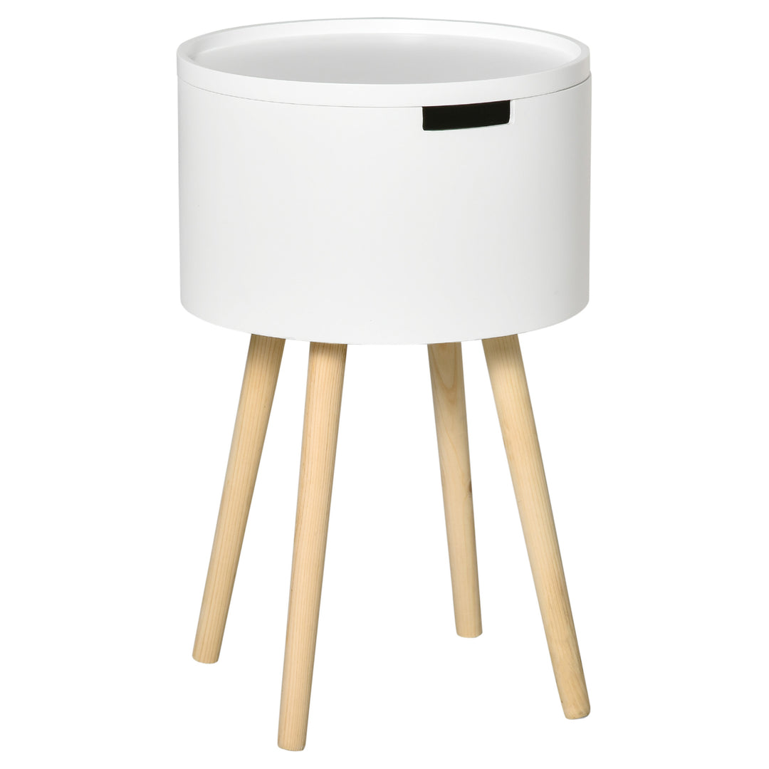 Modern Side Table with Hidden Storage Space, Round Night Stand with Removable Tray Wood Frame End Coffee Table for Living Room, White
