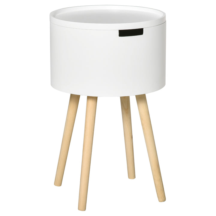 Modern Side Table with Hidden Storage Space, Round Night Stand with Removable Tray Wood Frame End Coffee Table for Living Room, White