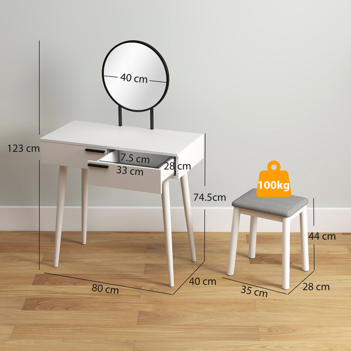 MCL Dressing Table with Mirror and Stool, Vanity Makeup Desk Set with 2 Drawers, Cushioned Stool and Make-up Organiser for Bedroom and Dressing Room, 80 x 40 x 123 cm, White