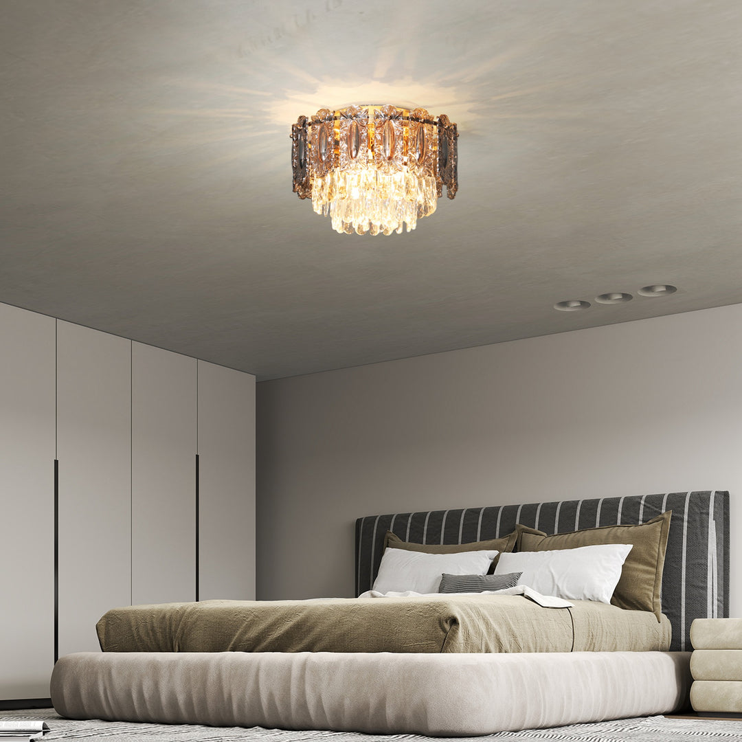 MCL Chandelier Ceiling Light, 3-Light Vintage Flush Mount Fixture with Dual Crystal and Smoke Glass Shade, LED Ceiling Light for Living Room Bedroom, 3 E27 Sockets, Bulbs Not Included, Gold Tone