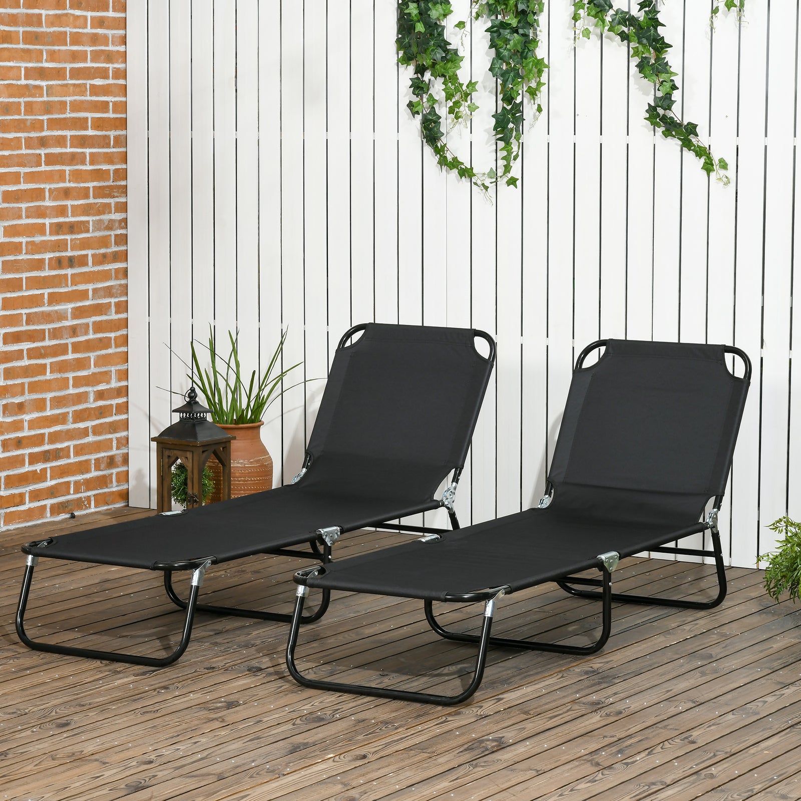 Set of Two Metal Frame Folding Sun Loungers - Black
