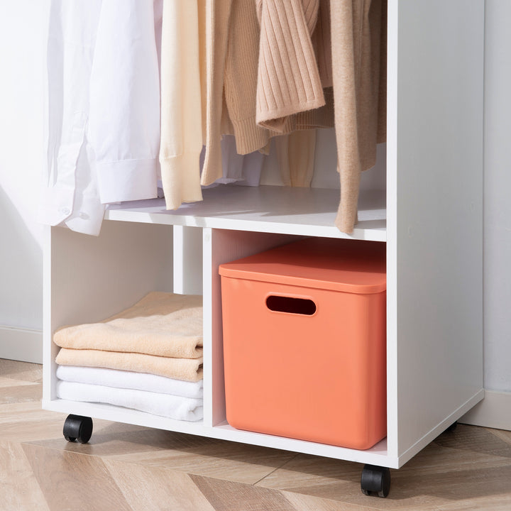 Open Wardrobe on Wheels, Bedroom Wardrobe with Clothes Hanging Rail, 2 Storage Shelves, Mobile Garment Rack for Cloakroom, Hallway, White