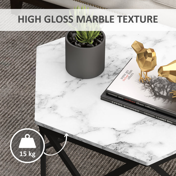 Hexagonal Coffee Table with High Gloss Marble Effect Table Top, Modern Cocktail Table with Steel Frame for Living Room, White
