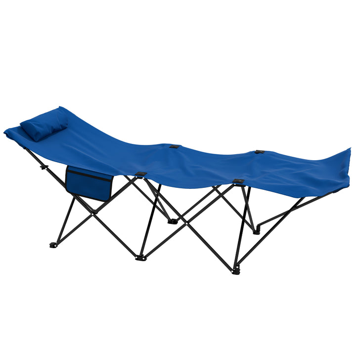 Outsunny Portable Sun Lounger, Foldable Outdoor Recliner Chair with Side Pocket, Headrest, Oxford Fabric, for Beach, Garden, Dark Blue | Aosom UK