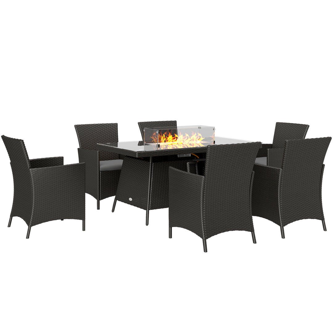 7 Pieces Outdoor Rattan Garden Furniture with Fire Pit Table, 6 Seater Garden Table and Chairs with Cushions, Rattan Dining Set with Propane Heater Table, Windscreen, 50,000 BTU, Black