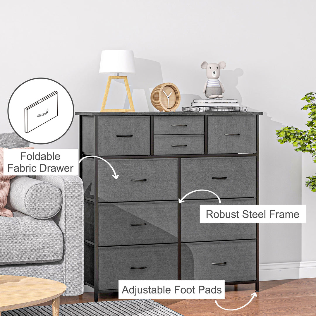 HOMCOM Bedroom Dresser: 10 Fabric Drawers, Steel Frame, Spacious Storage Solution, Ebony Shade