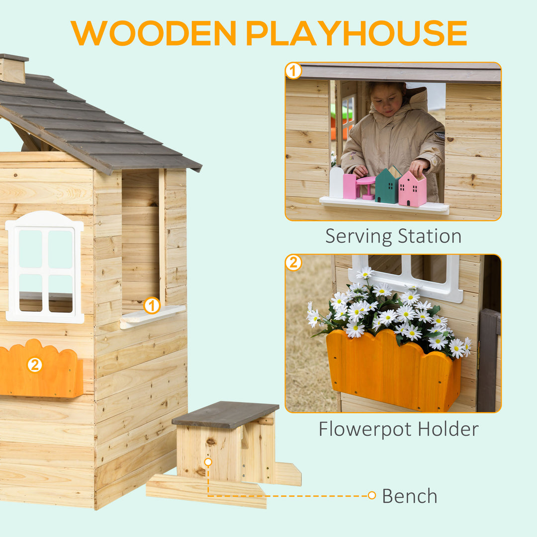 Wooden Playhouse for Kids Outdoor Wendy House with Door, windows, Bench, Service Stations, Flowerpot Holder, For Ages 3-7 Years