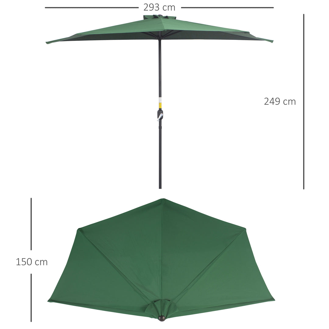 3(m) Half Parasol, Semi Round Umbrella with Metal Frame, Crank Handle for Balcony, Garden, Green