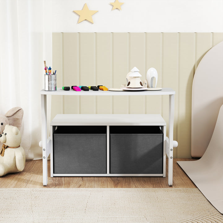 3 in 1 Kids Storage Bench, Convertible Children Table and Chair Set with 2 Fabric Bins, Toy Storage Box