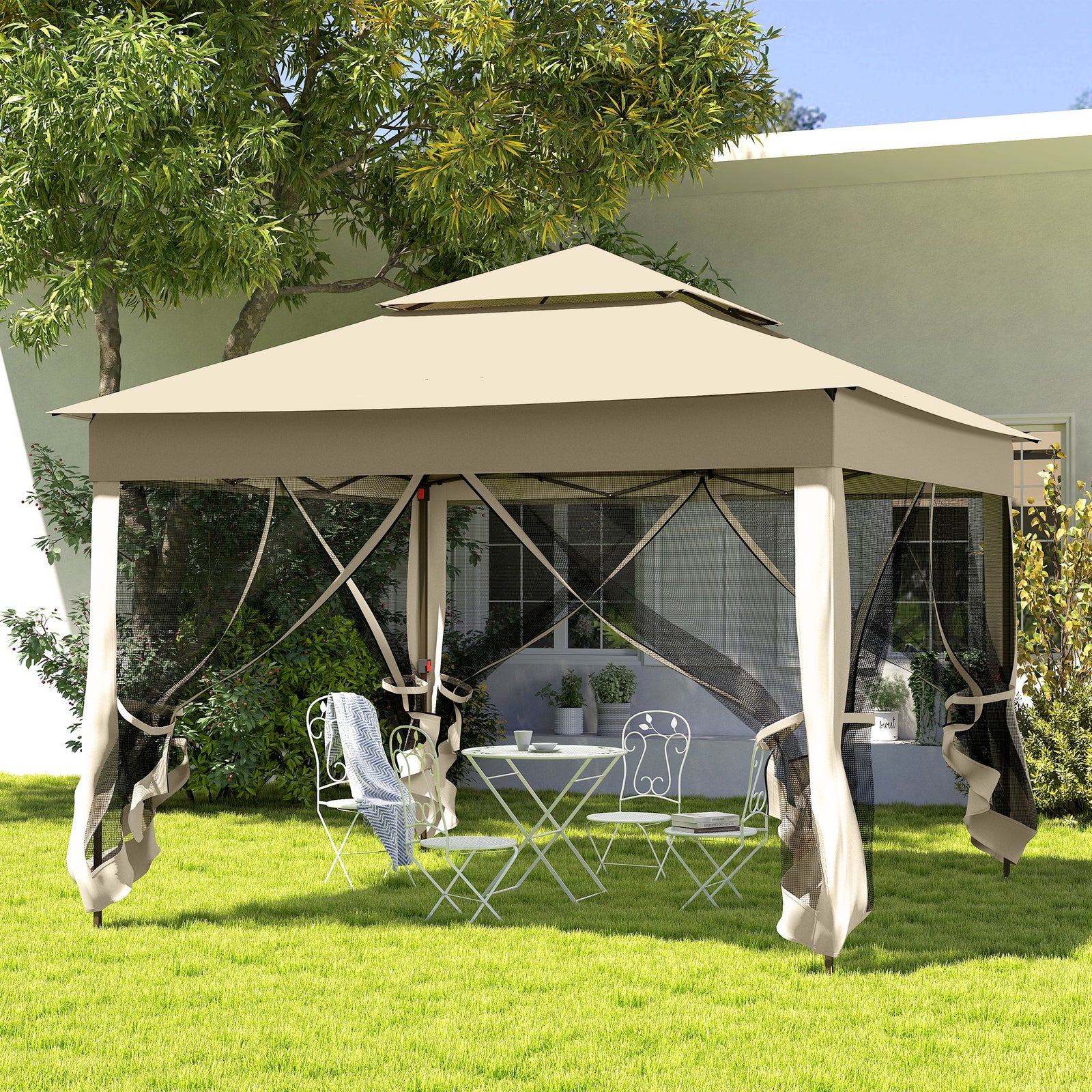 3 x 3(m) Pop Up Gazebo, Double-roof Garden Tent with Netting and Carry Bag, Party Event Shelter for Outdoor Patio, Cream White
