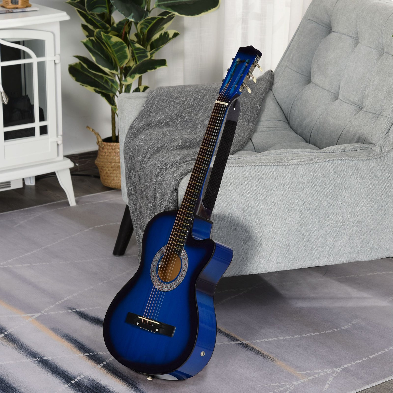 38 Inch Full Size Blue Classical Acoustic Electric Guitar Kids Guitar and Junior Guitar Premium Gloss Finish w/Case - Blue