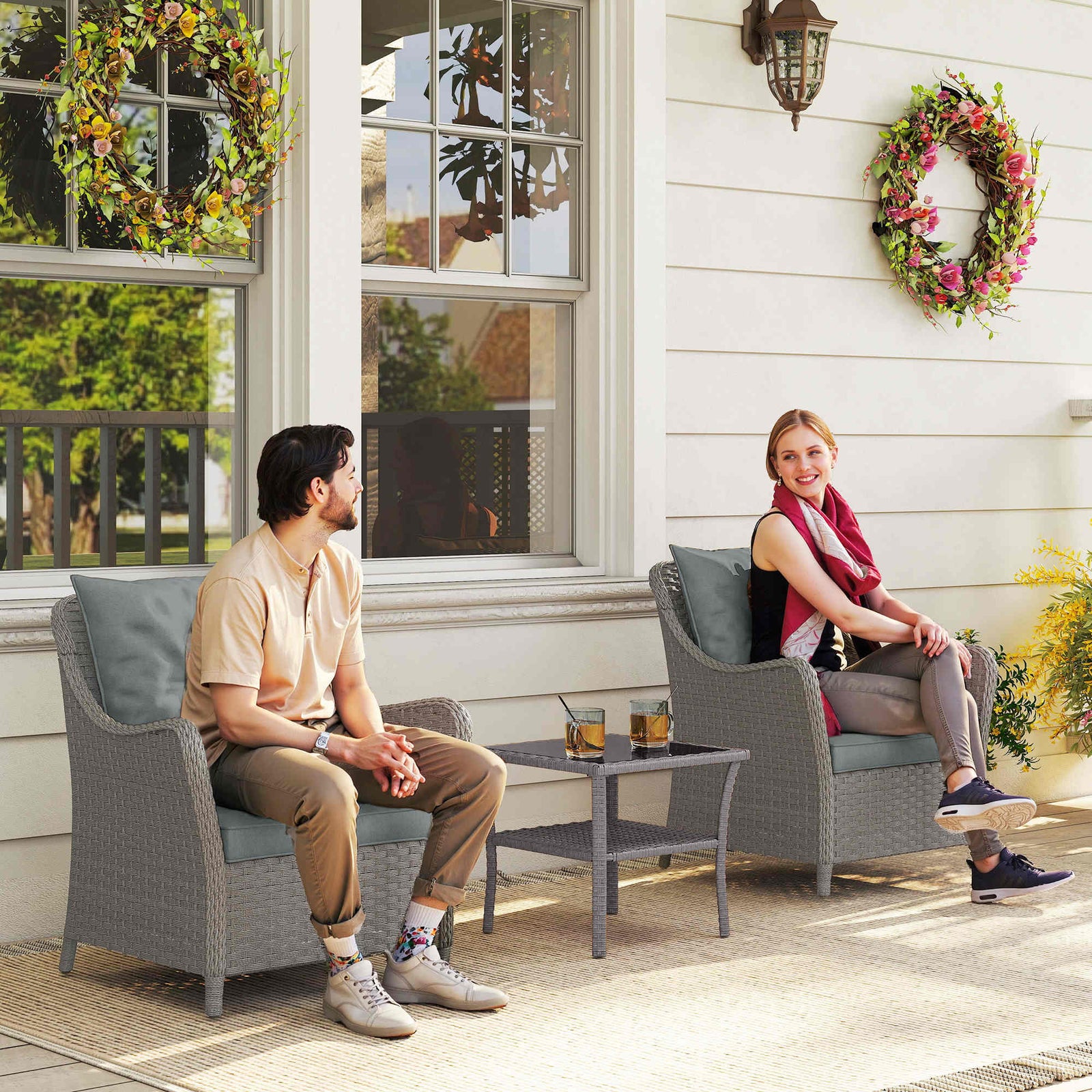 Rattan Garden Chairs Set of 2, Outdoor Rattan Chairs with Cushions, Armrests and High Back, PE Wicker Garden Armchair with Steel Frame for Balcony, Porch, Light Grey