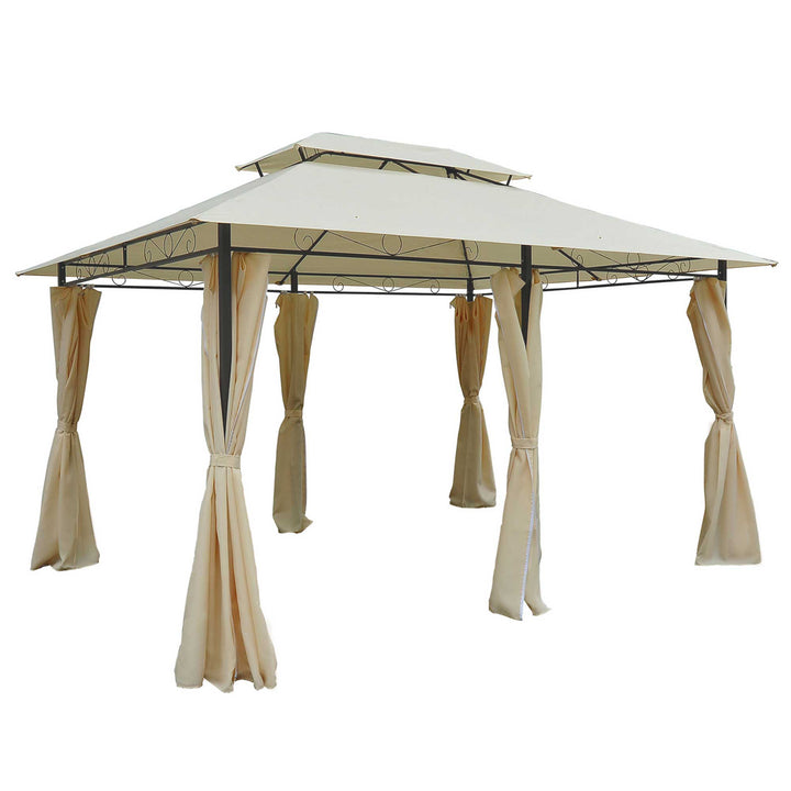 MCL 4x3m Gazebo with Curtains, Double Roof Outdoor Shelter for Garden, Solid Steel Frame, Perfect for Lawn & Deck, Beige